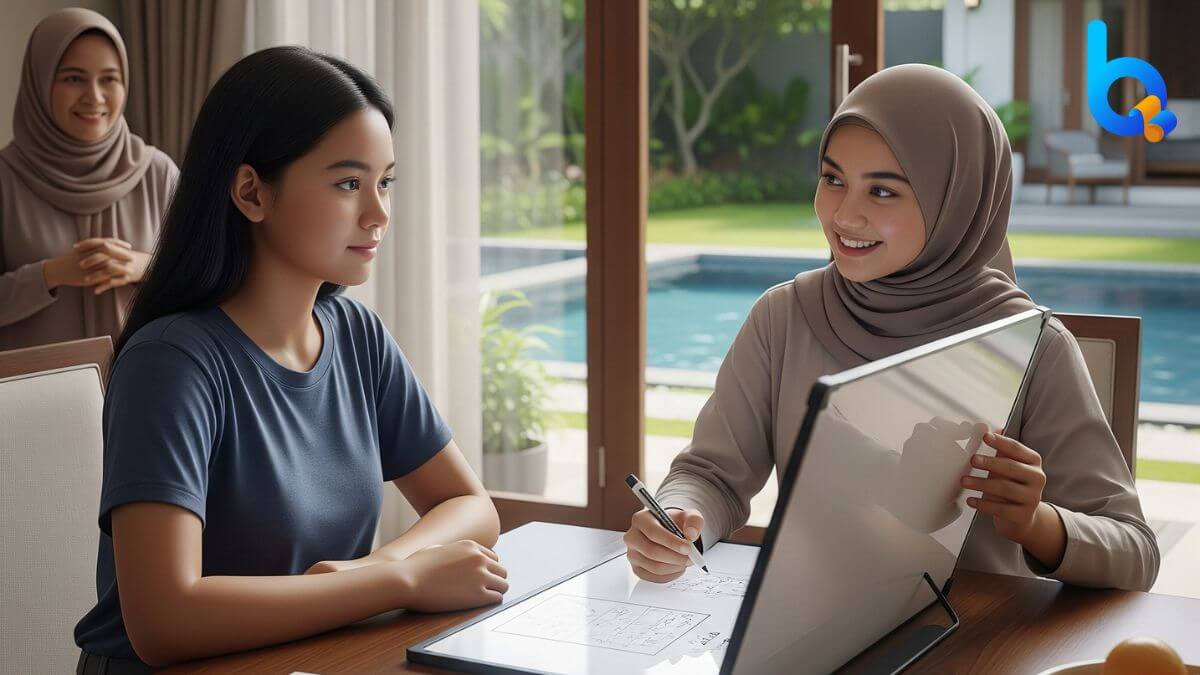 Guru les privat Jakarta Selatan sedang membimbing siswa SMA di rumah dengan melibatkan orang tua