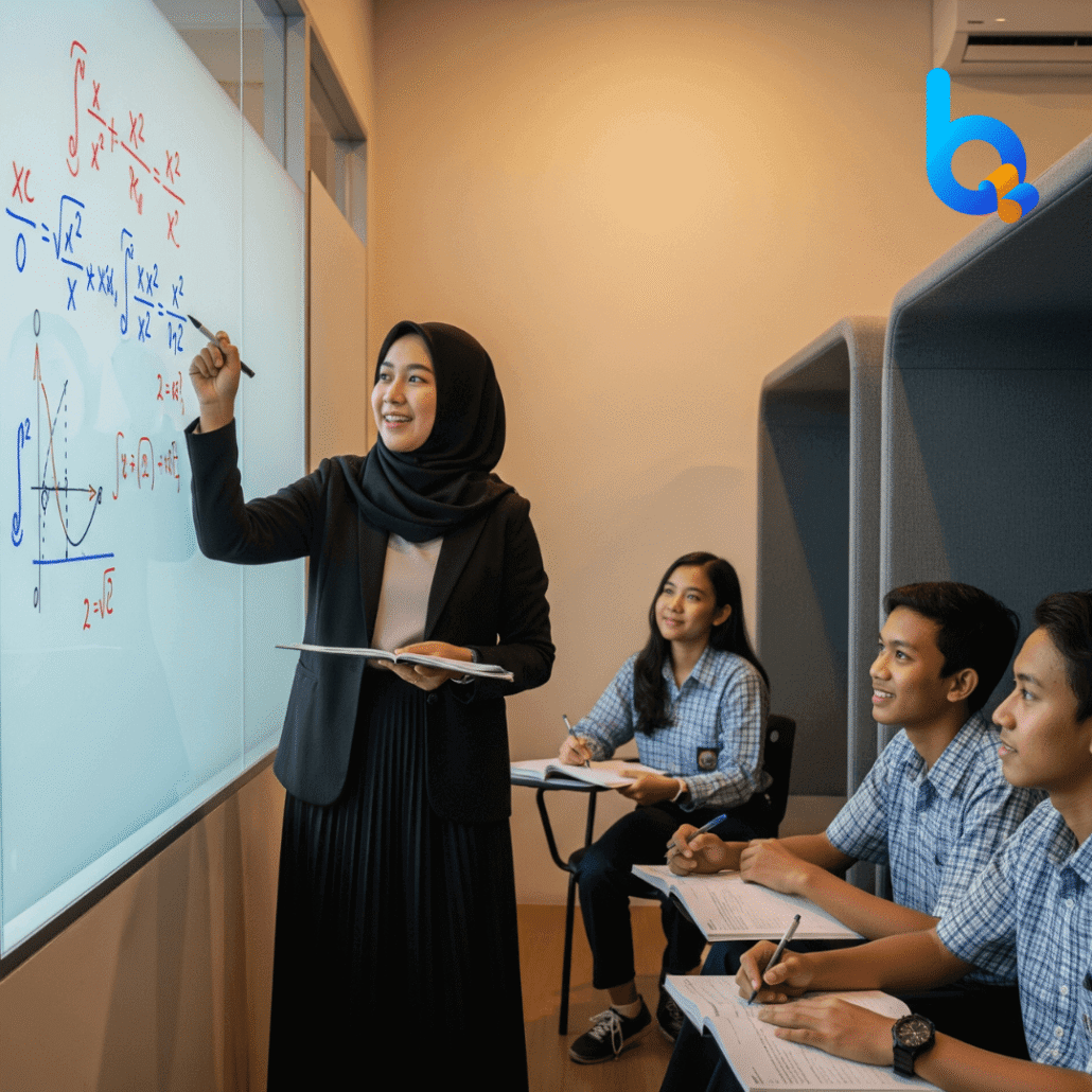 Guru les privat Jakarta Selatan sedang membimbing tiga siswa SMA dalam sesi bimbingan tes masuk PTN secara semi-privat, dengan suasana belajar interaktif di depan whiteboard.