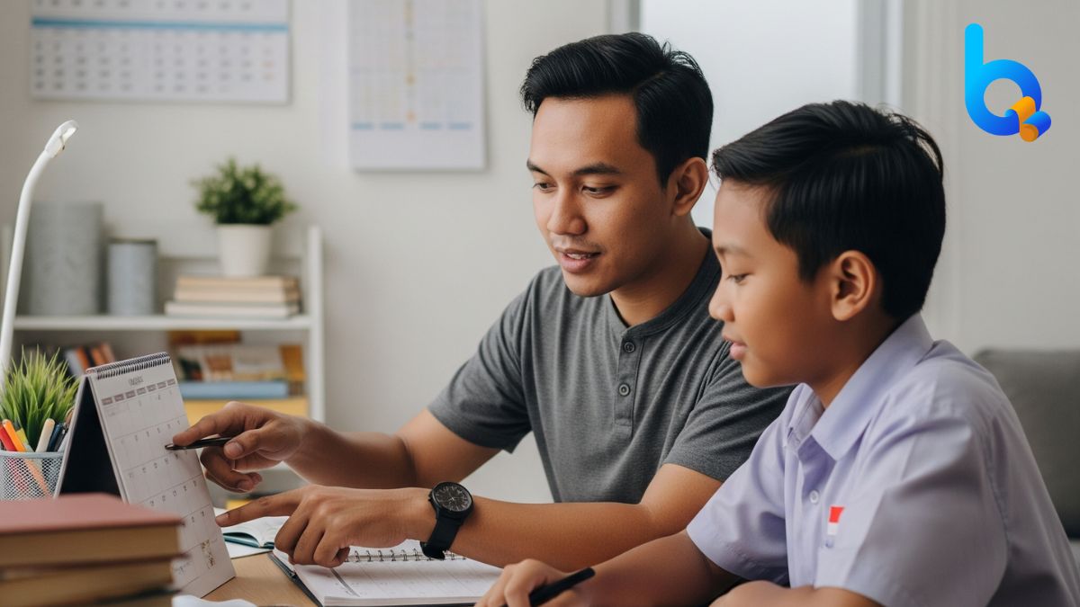 Guru les privat Indonesia membantu siswa menyusun ulang jadwal belajar di ruang belajar yang nyaman