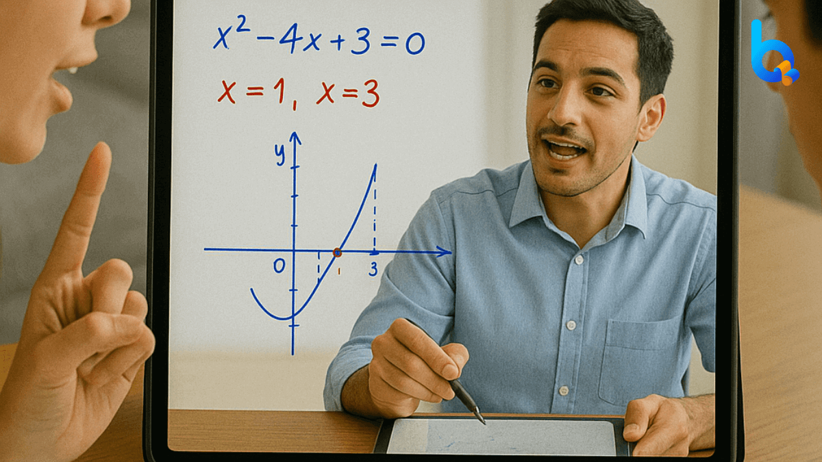 Guru tampan asal Indonesia sedang mengajar gerak parabola melalui iPad kepada dua siswa SMA dalam sesi les privat online interaktif