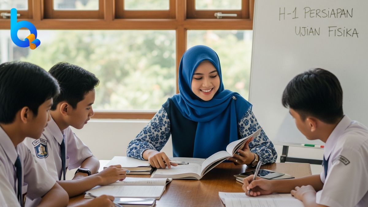 Guru les privat profesional membimbing tiga siswa satu kelas dalam sesi semi-private untuk persiapan ujian fisika kurikulum nasional