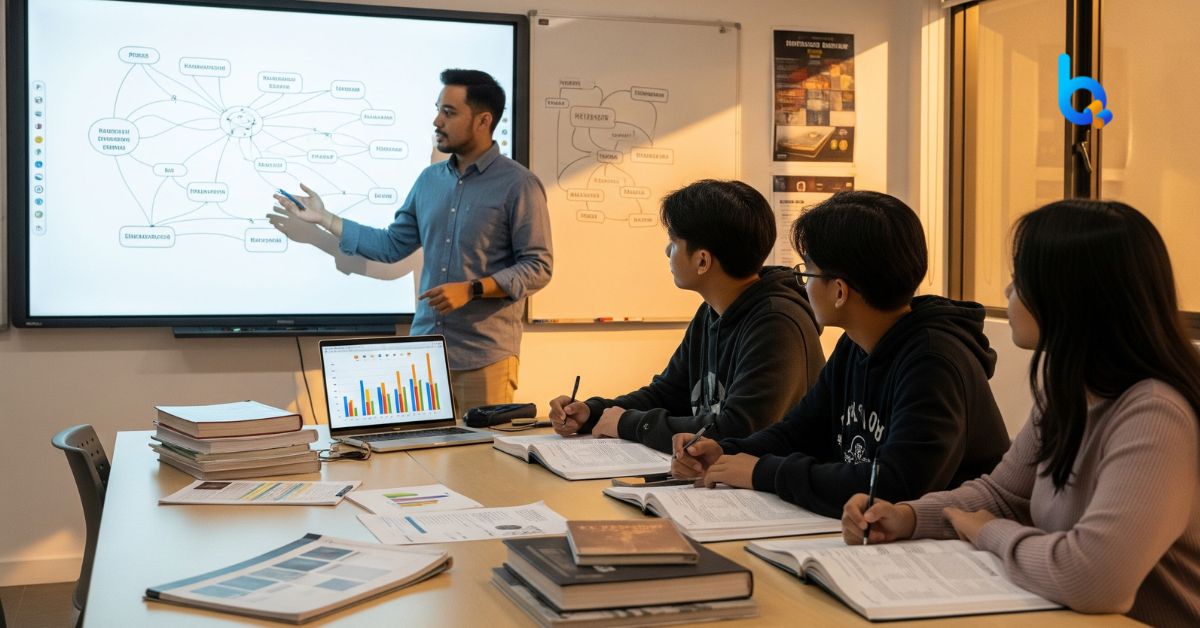 Tutor Indonesia menjelaskan di whiteboard sementara siswa menggunakan modul belajar dan laptop analisis hasil