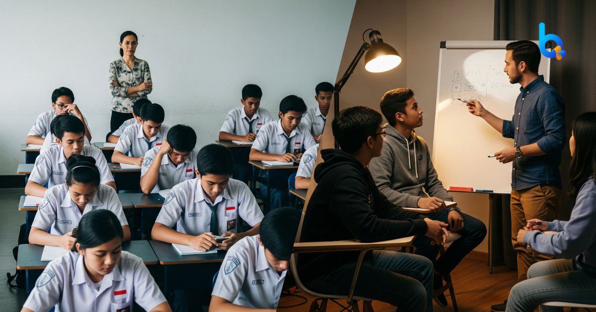 Kelas semi-private BimbelQ dengan tutor Indonesia dan siswa fokus belajar di depan whiteboard