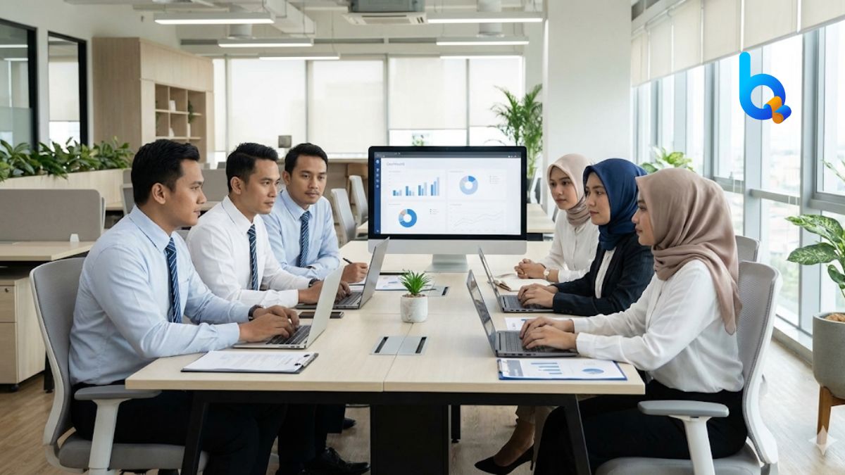 Tim kerja Indonesia dengan wanita berjilbab dan laki-laki yang mencerminkan dampak retorika tanpa sistem dalam organisasi pendidikan