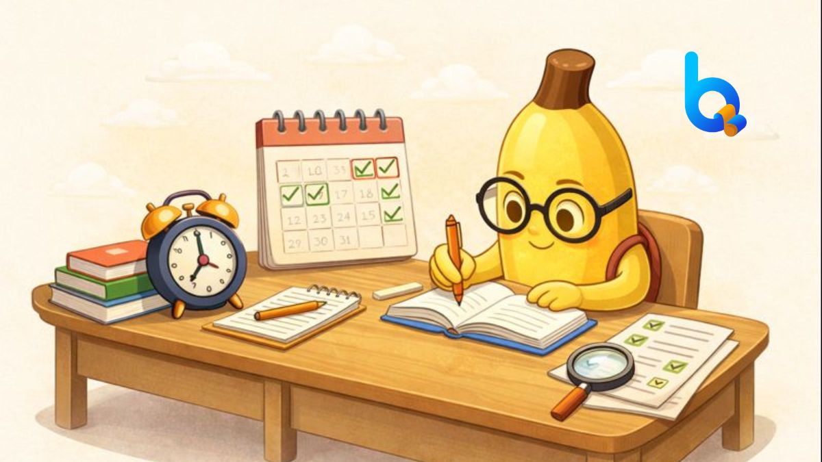 Ilustrasi meja belajar dengan kalender dua minggu, checklist, jam, dan lembar latihan untuk persiapan tes masuk SMA Lab School