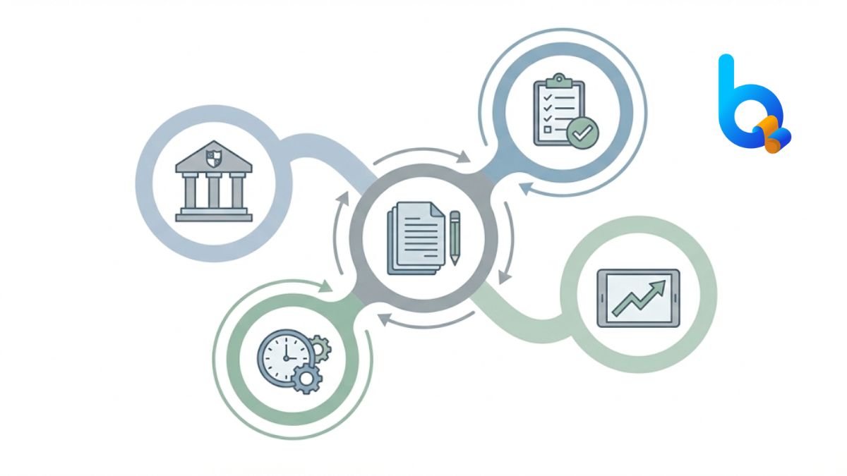 Ilustrasi keterhubungan sistem kerja pendidikan yang mencakup standar layanan, proses kerja, evaluasi, dan tata kelola di BimbelQ