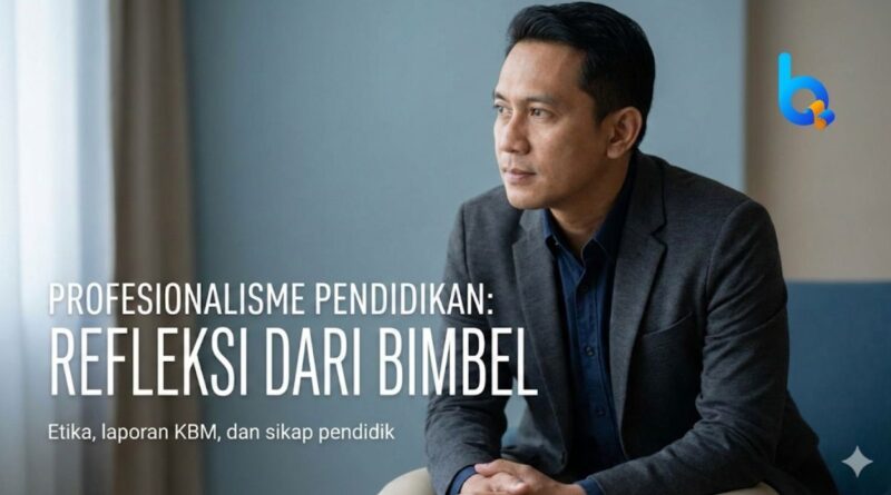 Ilustrasi pendidik laki-laki Indonesia dengan ekspresi reflektif, merepresentasikan profesionalisme, etika kerja, dan budaya pendidikan di bimbingan belajar.