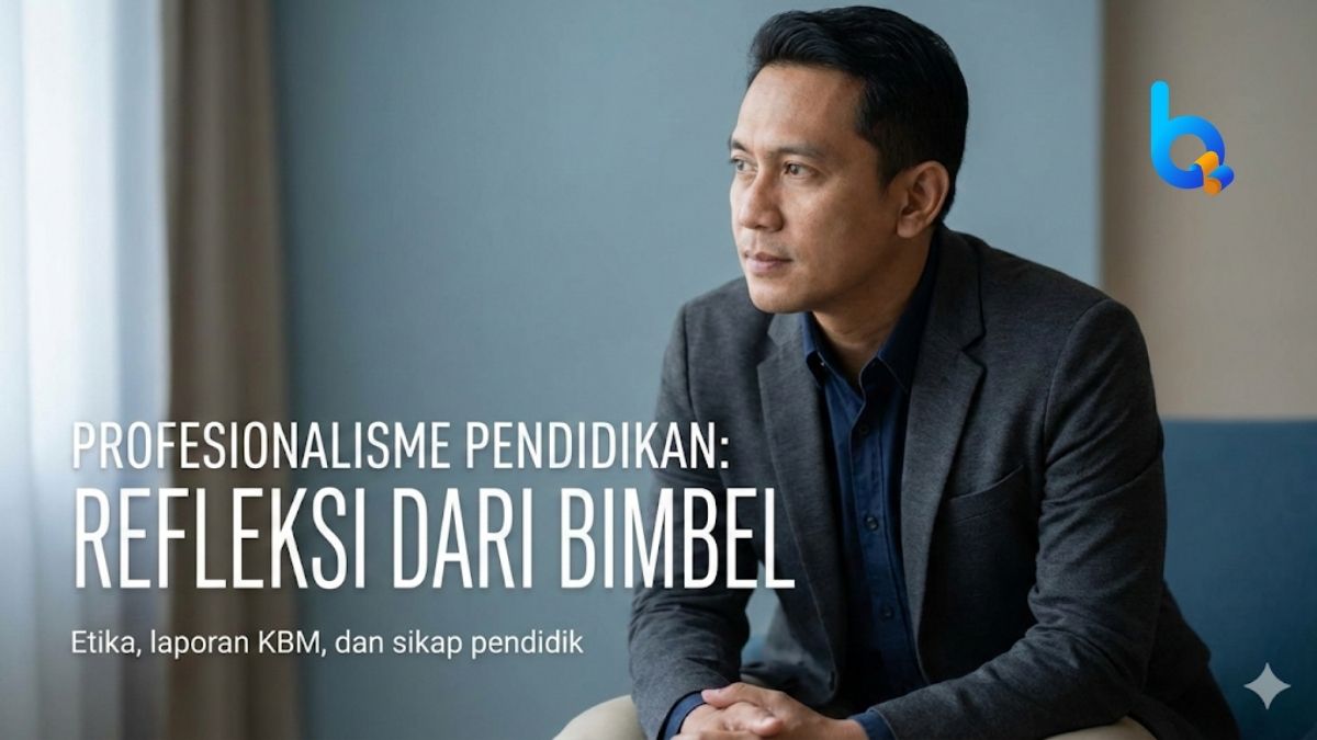 Ilustrasi pendidik laki-laki Indonesia dengan ekspresi reflektif, merepresentasikan profesionalisme, etika kerja, dan budaya pendidikan di bimbingan belajar.