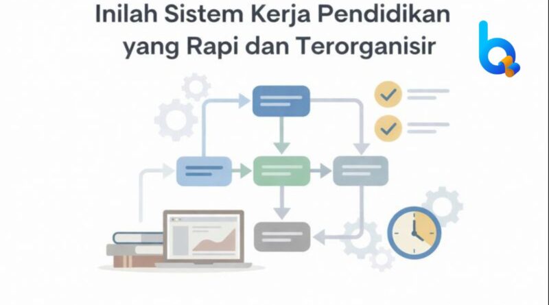 Ilustrasi sistem kerja pendidikan yang terstruktur dengan alur proses, checklist, dan manajemen waktu dalam organisasi BimbelQ