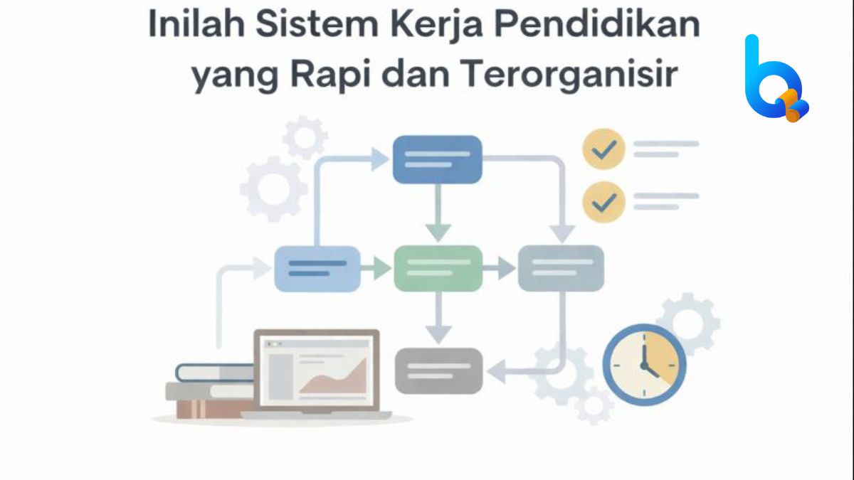 Ilustrasi sistem kerja pendidikan yang terstruktur dengan alur proses, checklist, dan manajemen waktu dalam organisasi BimbelQ