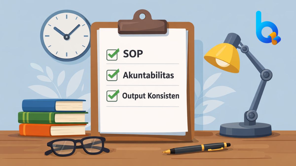 Ilustrasi checklist standar kerja berisi SOP, akuntabilitas, dan output konsisten untuk organisasi kecil