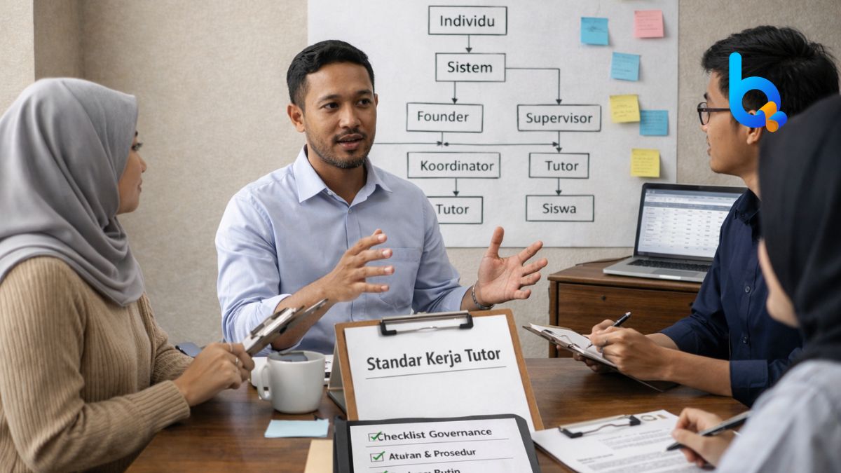 Founder dan tim tutor membahas standar kerja tutor dan struktur governance bimbel dalam rapat evaluasi.