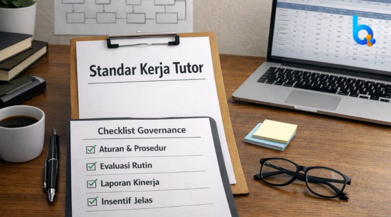 Workspace founder dengan dokumen Standar Kerja Tutor dan checklist governance sebagai simbol penegakan sistem di bimbel.