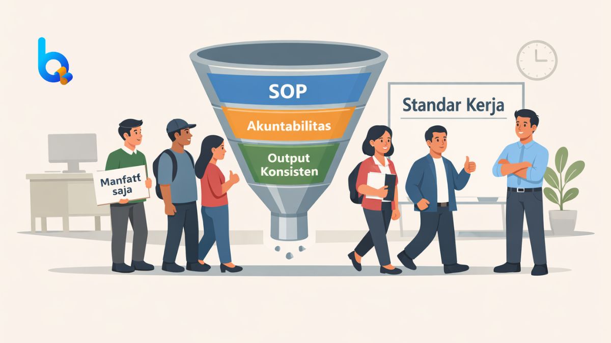 Ilustrasi standar kerja sebagai filter yang menyaring orang sesuai SOP dan akuntabilitas dalam organisasi kecil