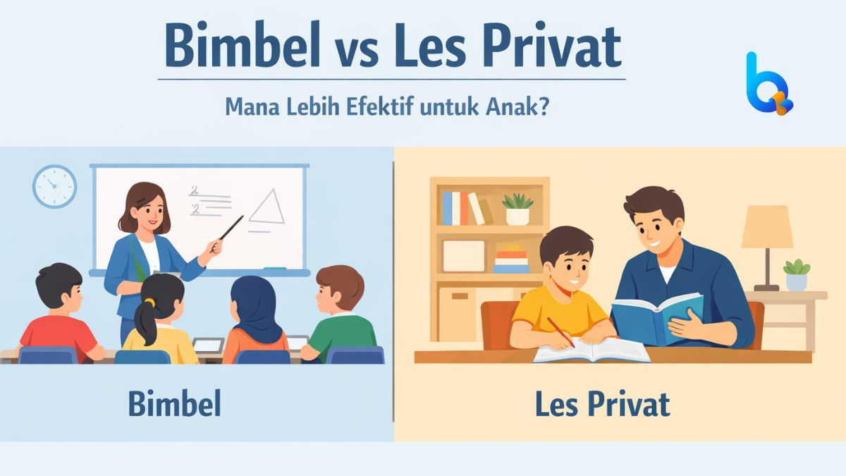 Ilustrasi bimbel vs les privat untuk anak yang membandingkan belajar di kelas bimbel dan belajar privat di rumah